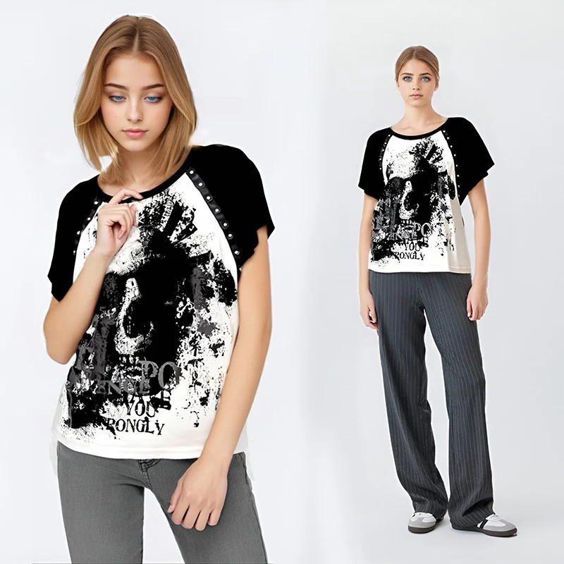 Girls Shirts Subculture Gothic Rock Punk Y2k Millennium Zip Skull Print T Shirt Women Men Loose Short Sleeve Top Skull Tees