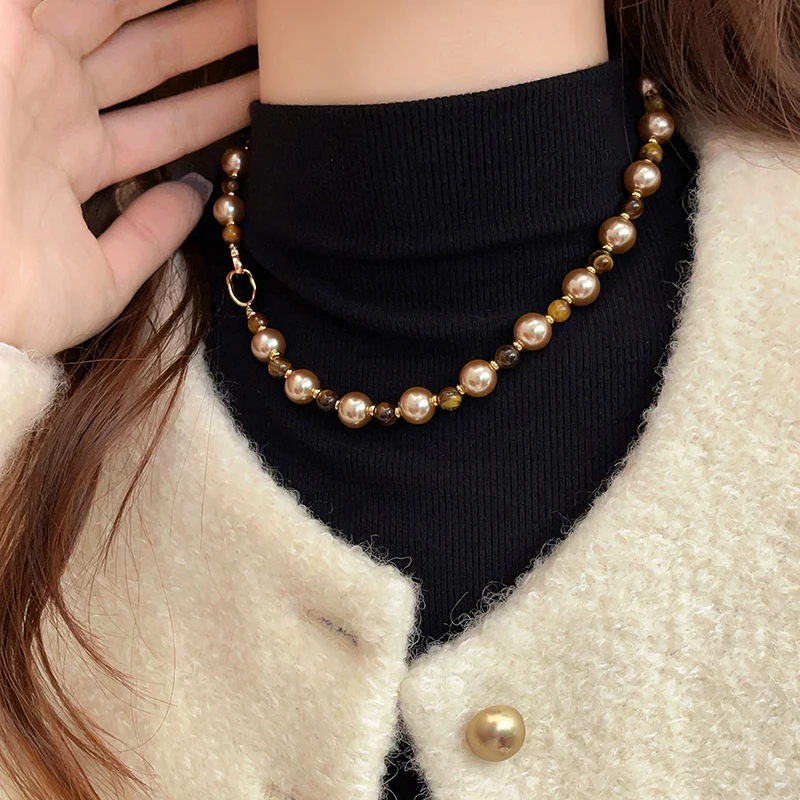 Maillard natürliche Tigerauge-Champagner-Perlen-Perlen-Halskette für 2024, Modeschmuck, Damen-Sexy-Pullover-Kette, Hals-Accessoires – Detail 10