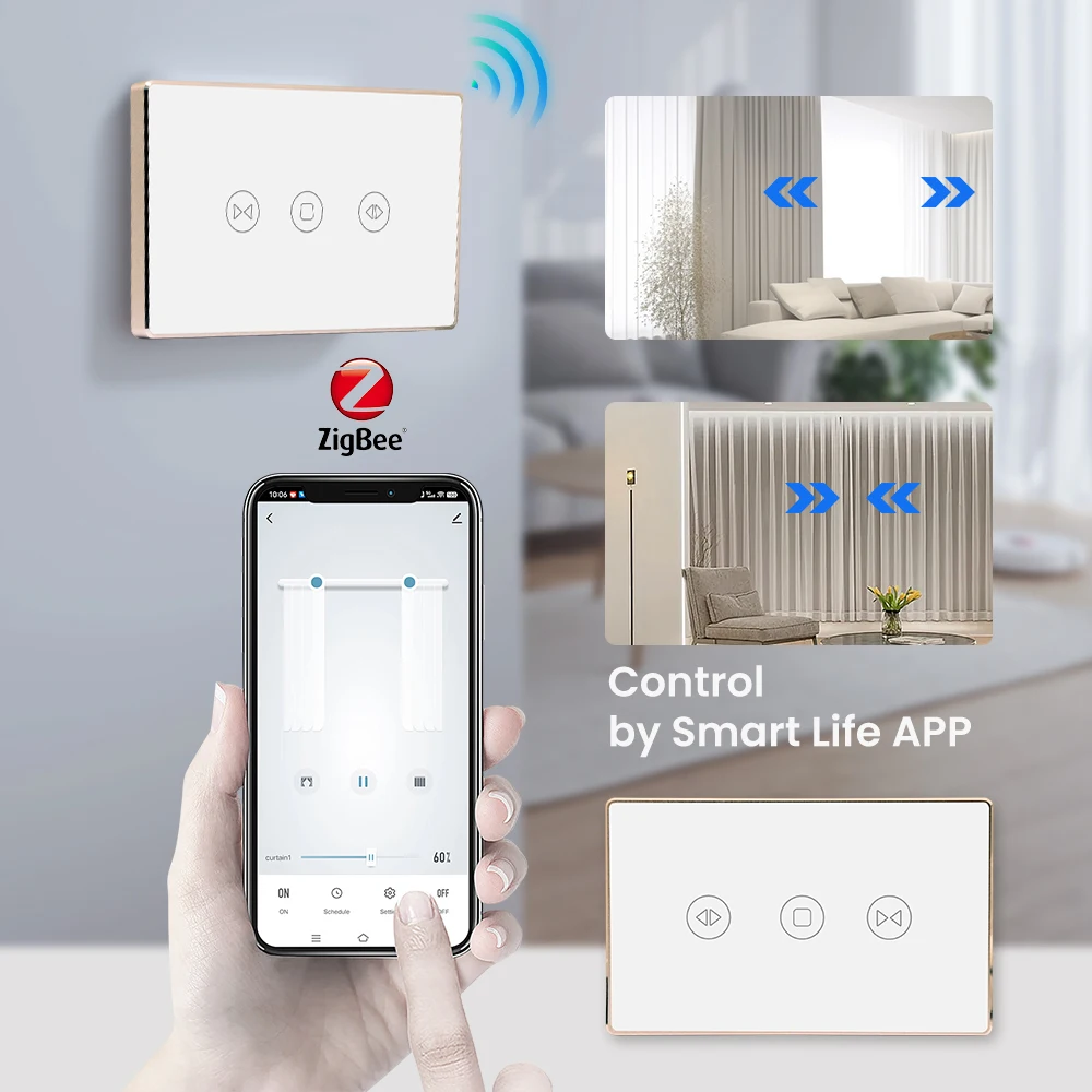 LOUYSGEN Zigbee Curtains Blinds Switch Gold Aluminum Frame Roller Shutters Motor Switch Backlight Style Google Home Alexa Tuya