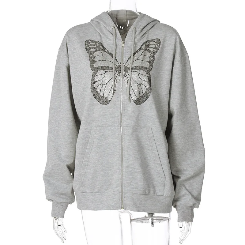 Sweat à capuche à manches longues pour femmes, motif papillon, fermeture éclair, couleur unie, ample, surdimensionné, fermeture éclair, veste décontractée, Streetwear