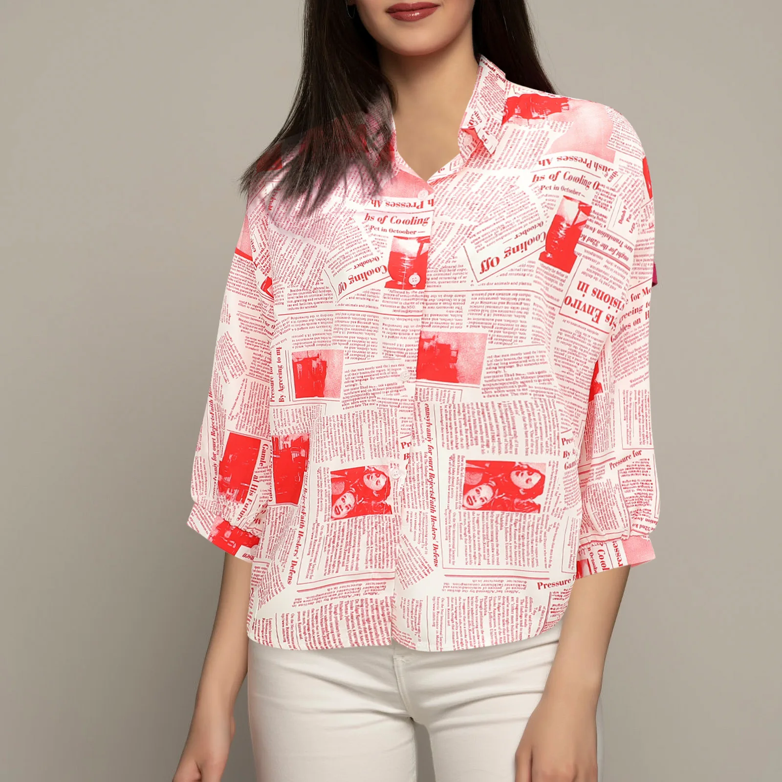 

Women Newspaper Print Shirt Red Size M Single-Breasted Lapel Long Sleeve Blouse Spring Summer Casual Work Party Tops