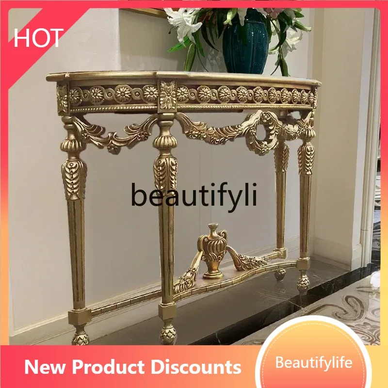 A80 French all-solid wood champagne gold retro carving, gold foil old craftsmanship luxury foyer entrance table