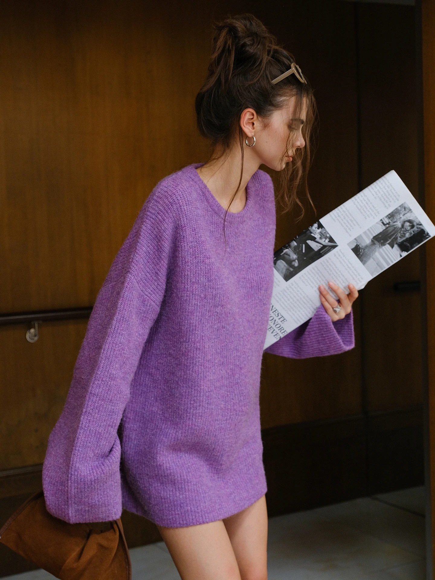 

Свитер оверсайз из шерсти альпаки Fre up mat Lazy Sle для женщин, свободный крой, длинный рукав, круглый вырез, вязаный топ