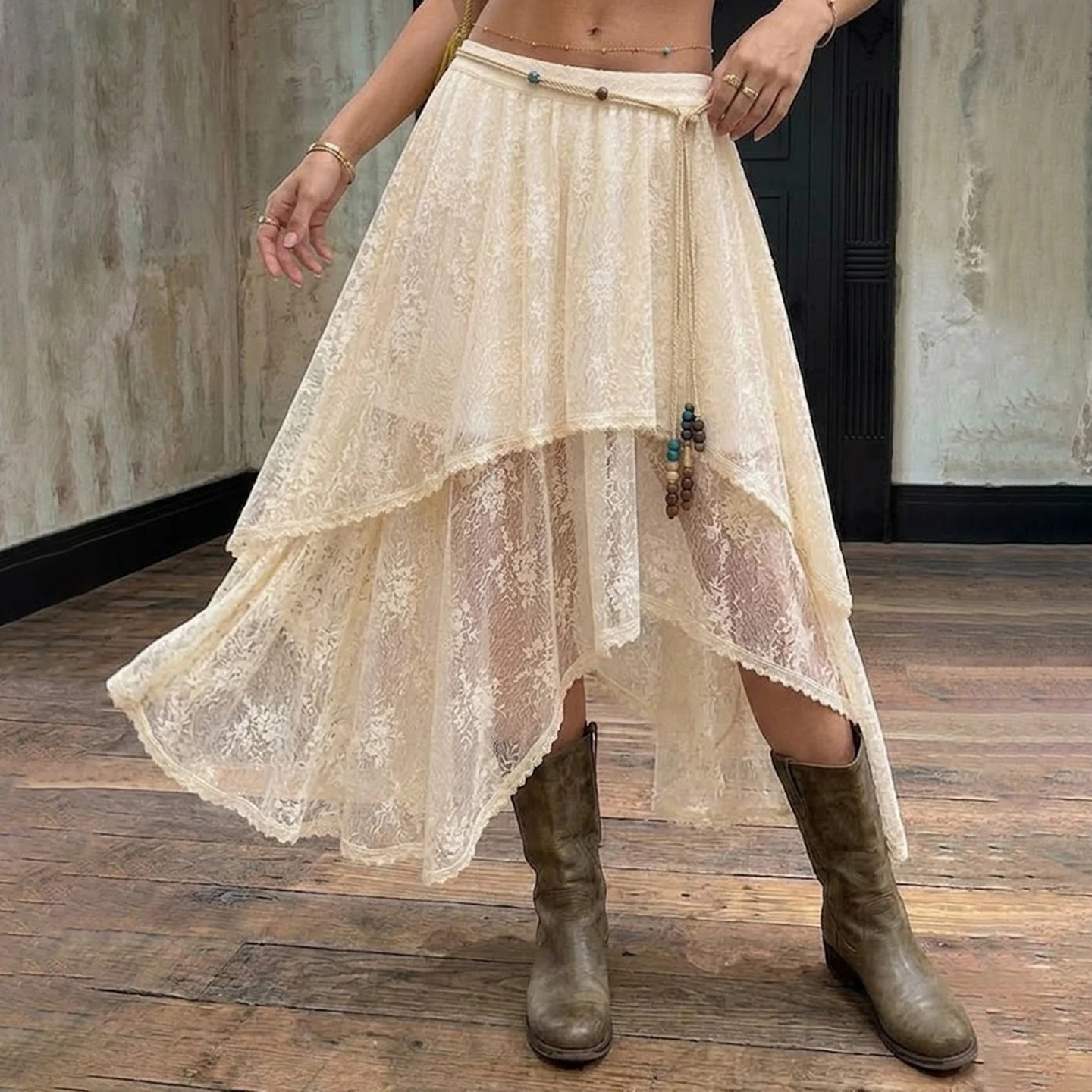 SUCHCUTE Vintage Western Boho Skirt Women Floral Lace Layered Asymmetrical Hem Beaded Tassel Drawstring Elastic Waist Beach Skir