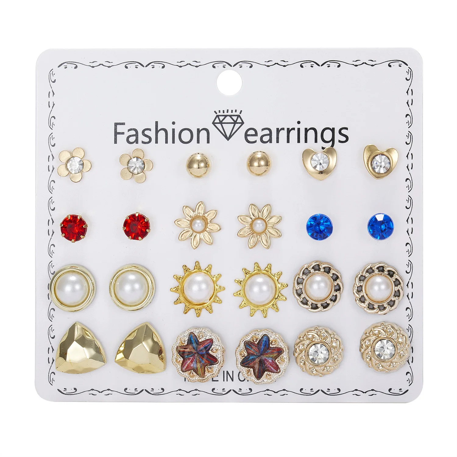 12 Pairs Of Earrings Set for Women Diamond Pearl Shiny Zircon Love Heart Flower Earrings Combination Girls Party Jewelry Gift