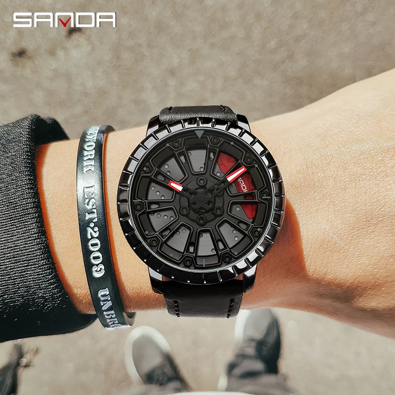 SANDA P1058 2023 ثلاثية الأبعاد مصممة موضة جديدة تصميم الرجال ساعة رياضية ل F1 مروحة سباق السيارات عجلة الساعات حلقة من الجلد ساعات المعصم