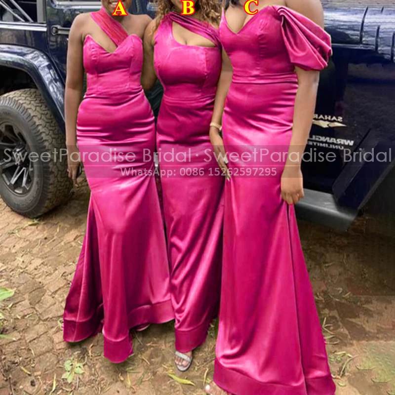 

Customized Trumpet Long Bridesmaid Dresses One Shoulder Mermaid Hot Pink Satin Sleeveless Party Dress Wedding Guest For Women