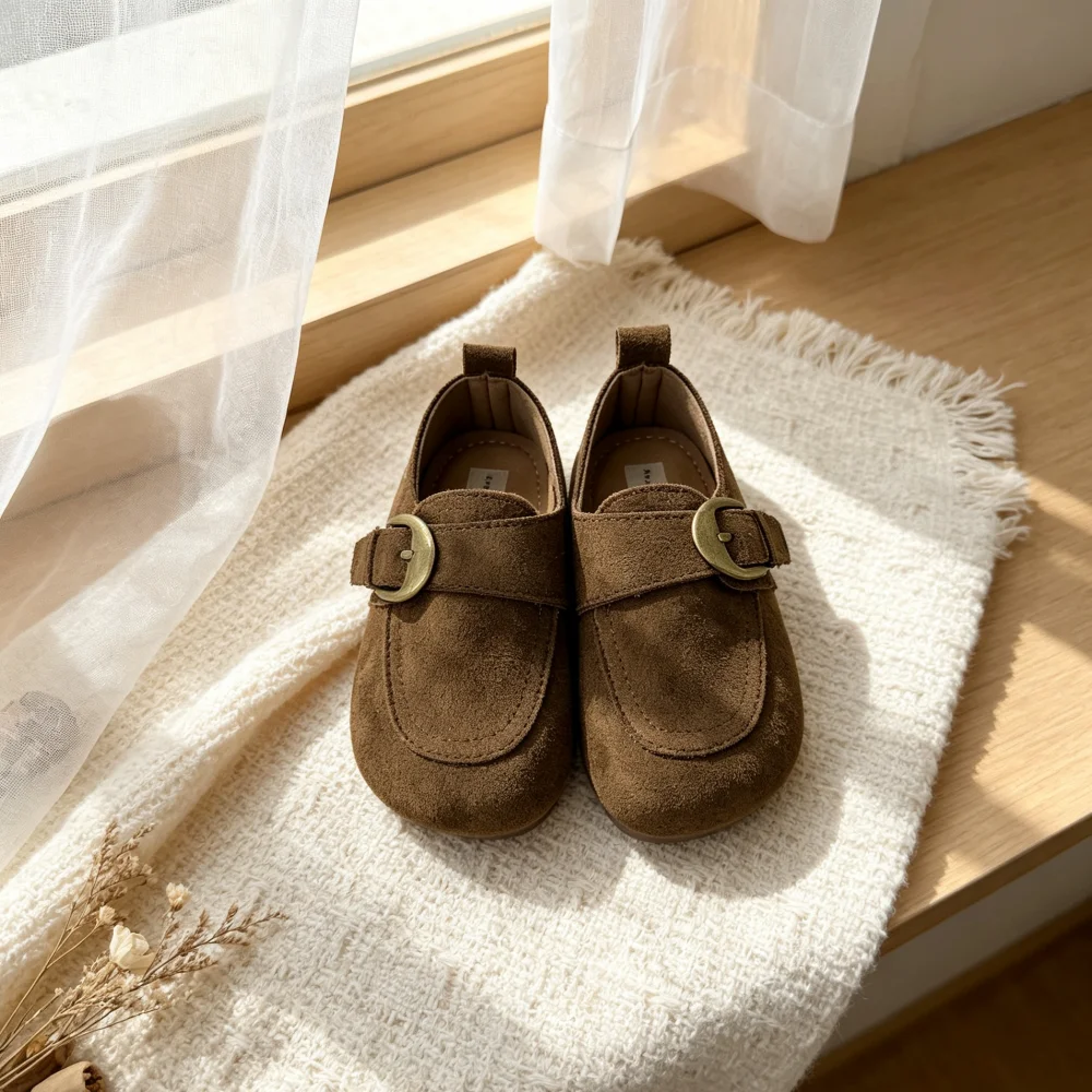 Toddler Boys Girls Suede Leather Shoes 2026 New Autumn Buckle Strap Moccasins Non-slip Classic Retro Style School Party Dress Up
