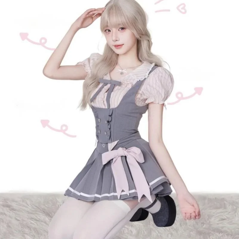 Lace Embroidery Top Dress Set Japan Kawaii Girl Coconut Virtual Non Collision Set Folded Top Hundred Fold College Half Skirt New