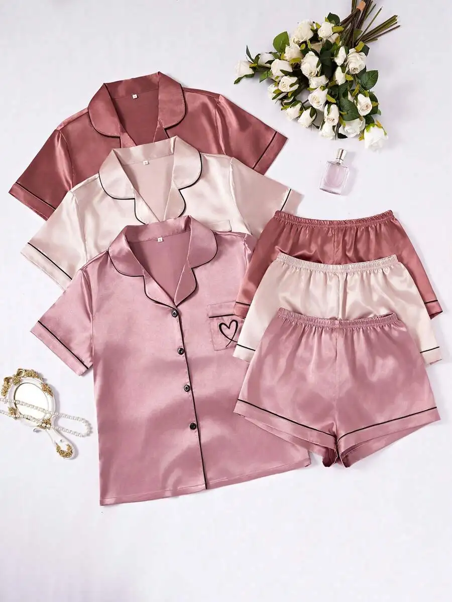 

3-Piece Faux Silk Pajama Set with Heart Embroidery Pocket and Contrast Trim
