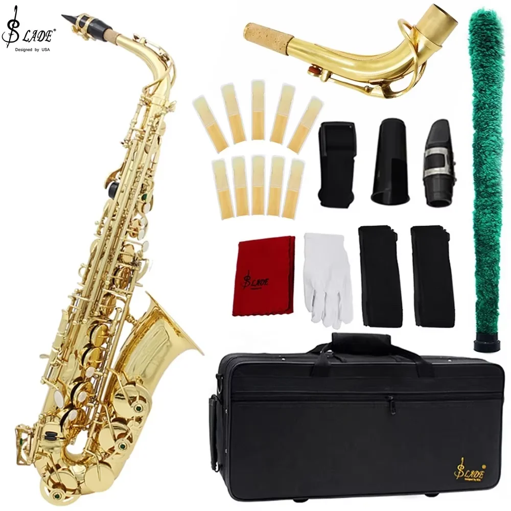 SLADE Eb Alto Saxophone – Brass Lacquered Gold, Professional E Flat Sax Complete Beginner to Intermediate Alto Sax Set (Gold)