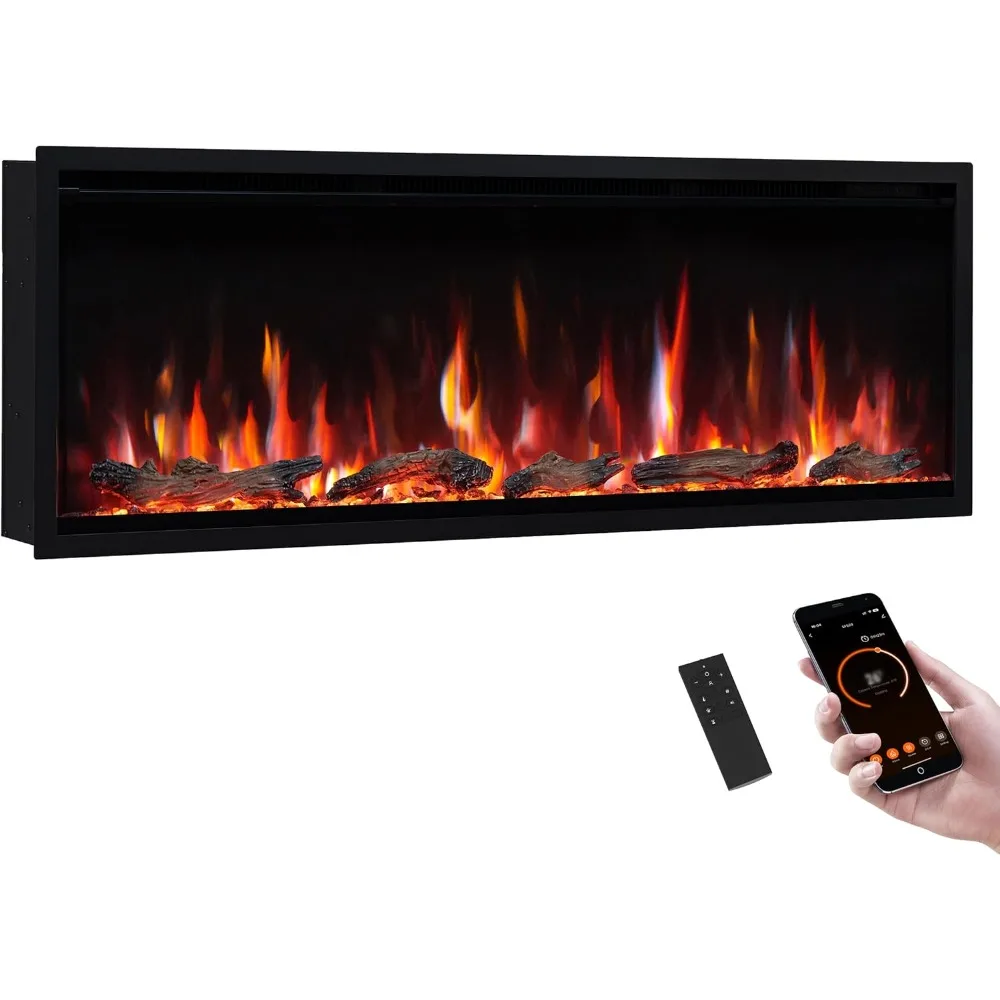 Herman 50 Inch Smart Linear Electric Fireplace - Premium Flame with 9 Colors, Clean Design, Recessed in-Wall or Wall-Mount