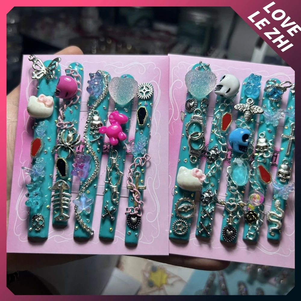 

10Pcs Y2K Spicy Girl Xl Square Handmade Press On Nails 3D Cartoon Bear Shining Diamond Bowknot Pearl Wearable False Nails