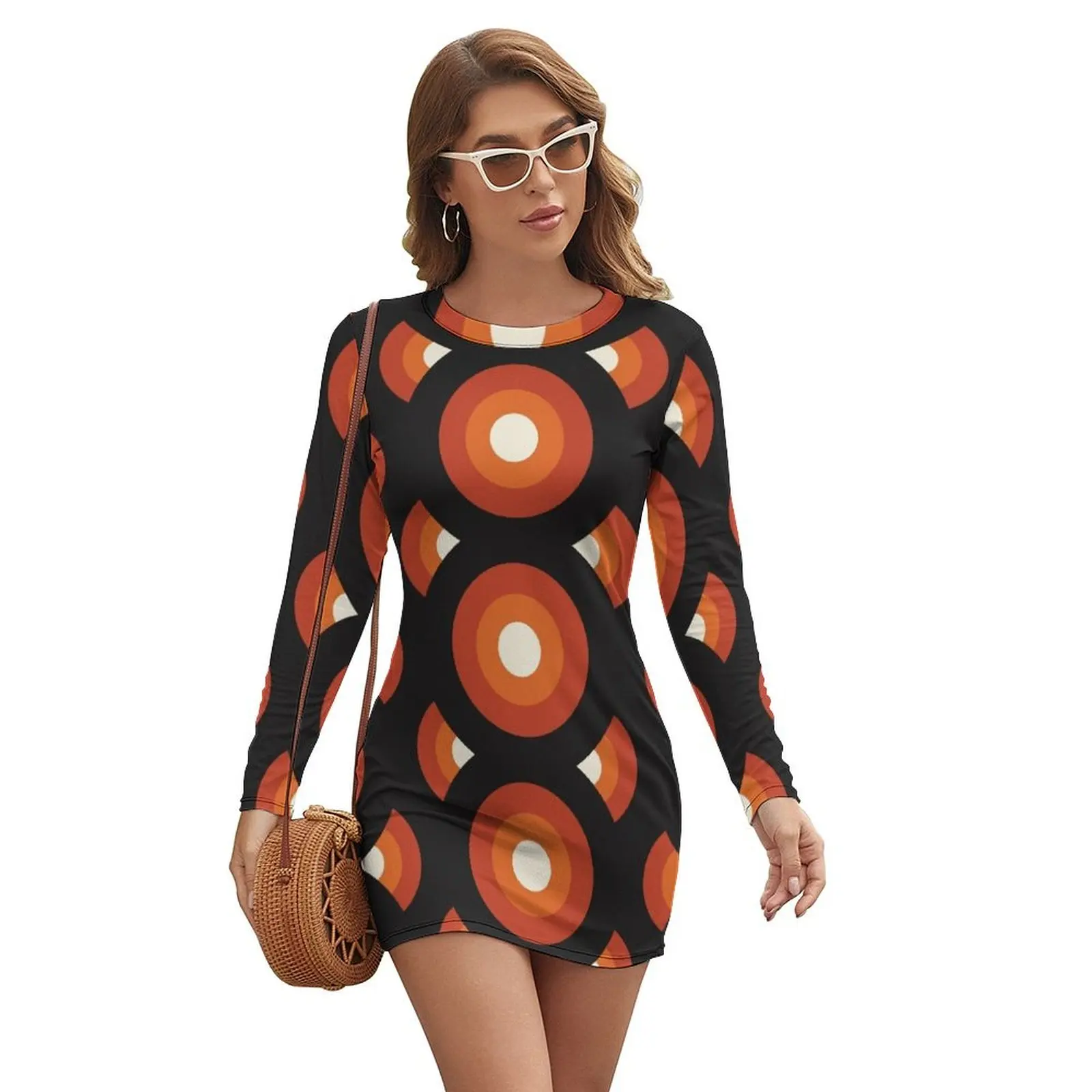 

Retro 60s 70s Geometric Pattern Long-sleeved Dress women clothing 2024 new arrivals Summer dresses for women