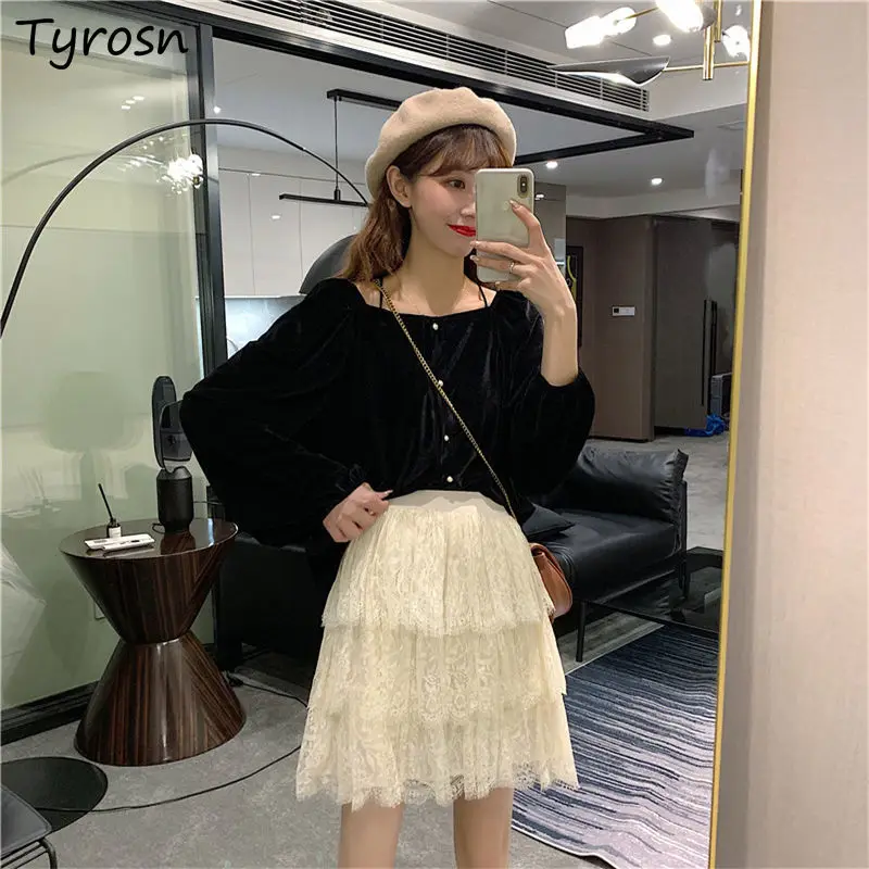 

Ball Gown Skirts Women High Elastic Waist Sweet Lace All-match Summer Students Pleated Solid Ruched Simple Trendy Japanese Style