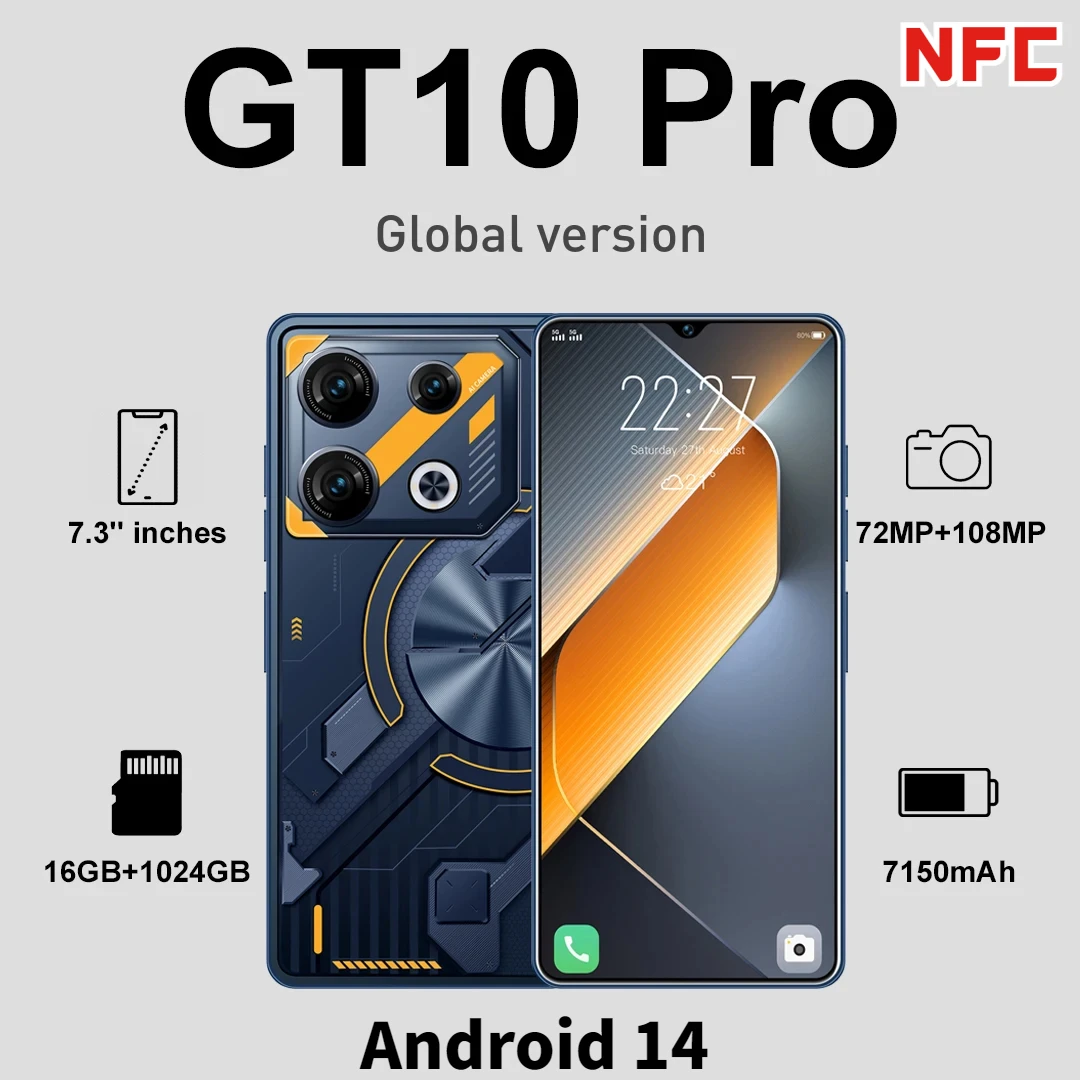 

Global Version GT10 pro Smartphone Snapdragon 8 Gen 3 Android14 16GB+1024GB 7150mAh 72MP+108MP 7.3 inch 4G/5G Networks Dual SIM