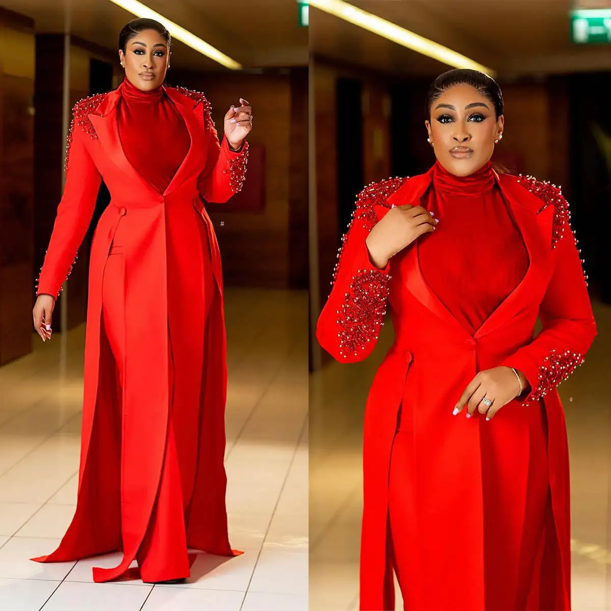 Plus size vermelho longo blazer vestido pérolas miçangas decote em v jaqueta baile de formatura festa de aniversário noite convidado formal wear feito sob encomenda 2 peças