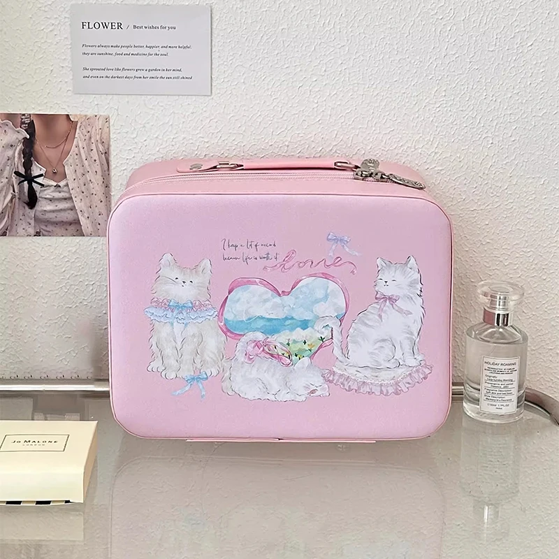 Kawaii Cat Makeup Storage Organizer Cute Travel PU Cosmetics Case contenitore portatile di grande capacità per le donne della ragazza