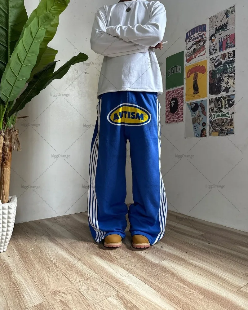 Hip-hop Harajuku Retro Trendy Oversized Striped Sweatpants Men Punk Style Letter Baggy Straight Casual Pants Y2K Streetwear