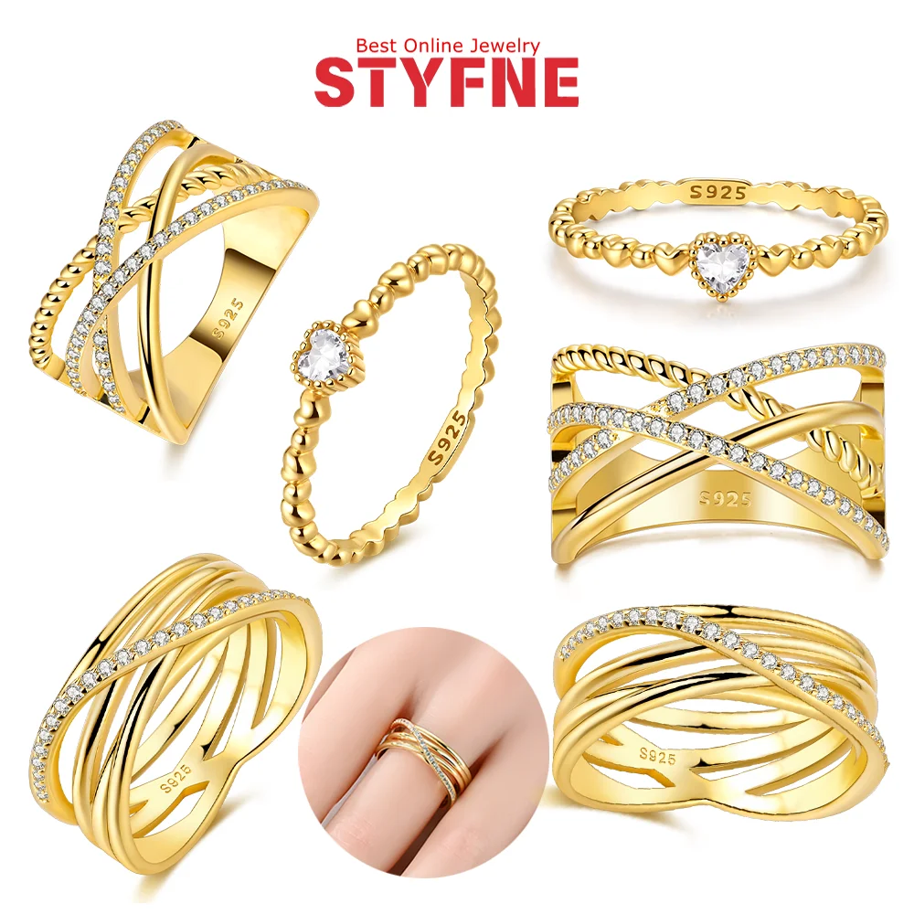 Rings 925 Silver Zircon Geometric Lines Multi-layered Interwoven Gold Rings for Women Party Engagement Anniversary Fine Jewelry