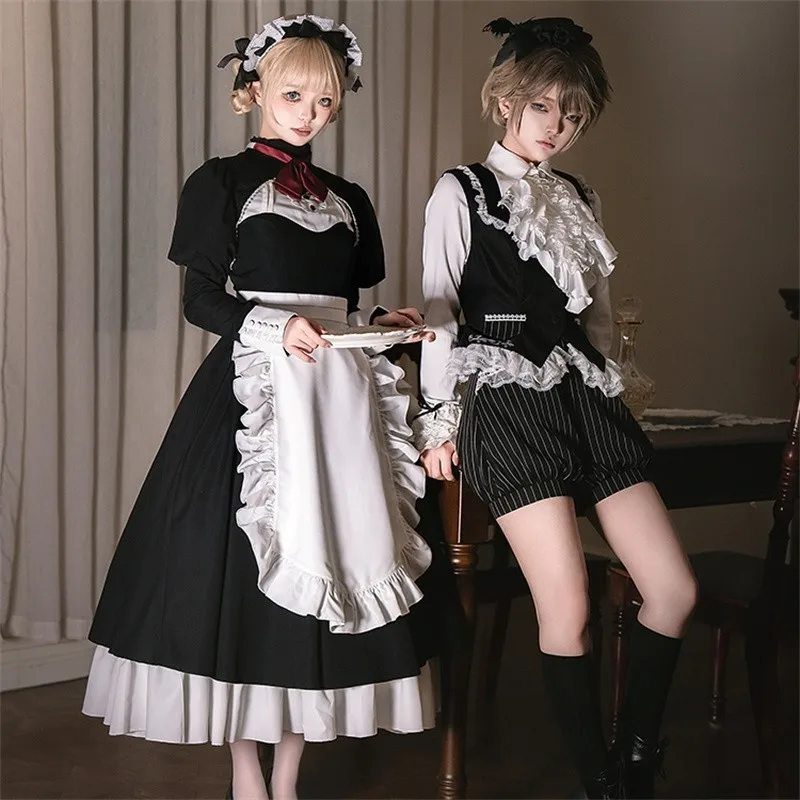 Vintage Fake Three Piece Maid Lolita Set Elegant Retro Vest Shorts Set Black White Lace Banquet Set