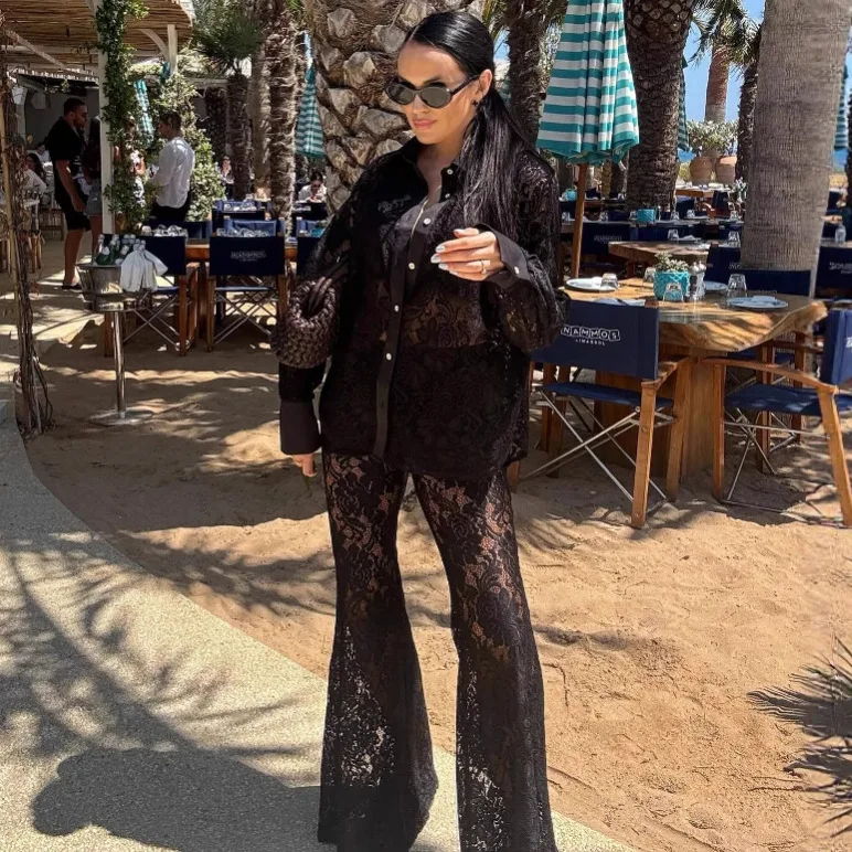 

European Fashion Women's Black Solid Color Lace Casual Trendy 2 Piece Sets Turn-down Collar Long Sleeve Shirt Wide Leg Trousers
