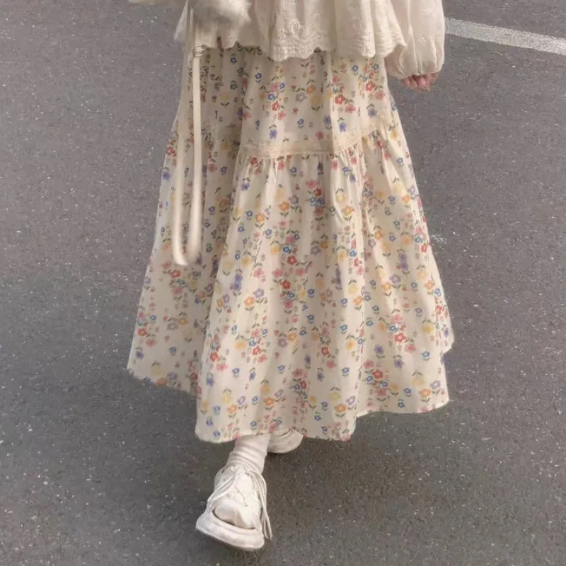 Vintage Floral Print A-line Pleated Long Skirts Korean Casual Women's Skirts for Female Streetwear Elastic High Waist Midi Skirt