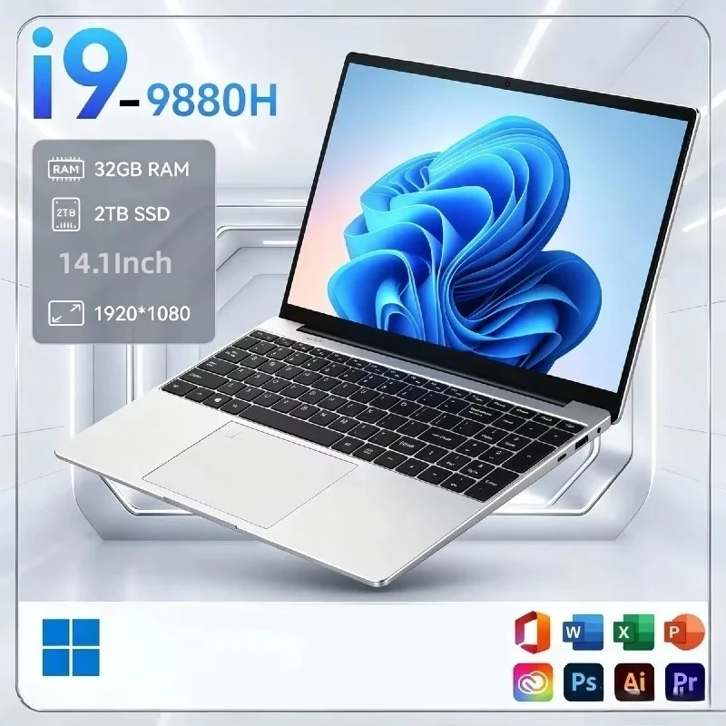 Laptop Gamer 2026 Intel Core i9 9880H 14.1 Polegadas 32GB RAM 2TB SSD Windows 1920x1080 FHD Notebook Ultra Fino para Escritório e Estudo