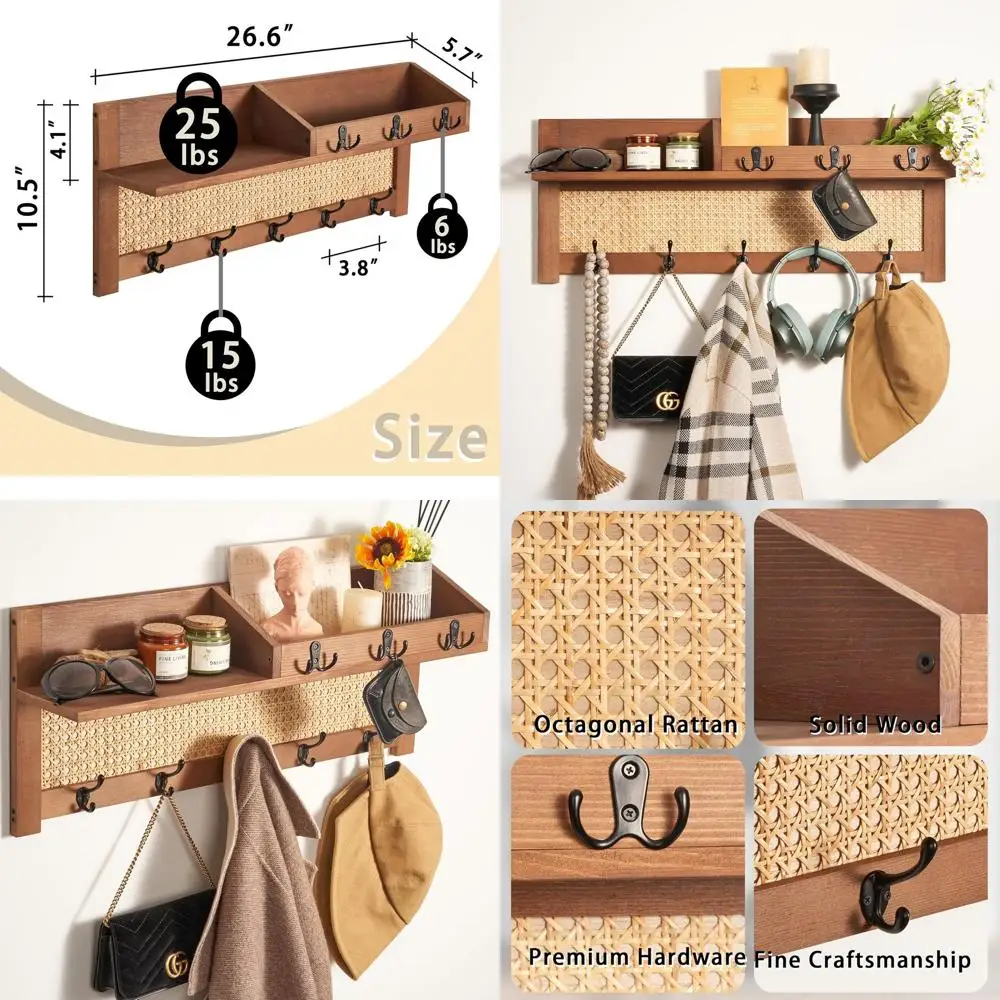 

Wooden Wall-Mounted Coat Rack with Hooks and Shelf - Rattan Style Organizer for Entryway, Bedroom, or Office