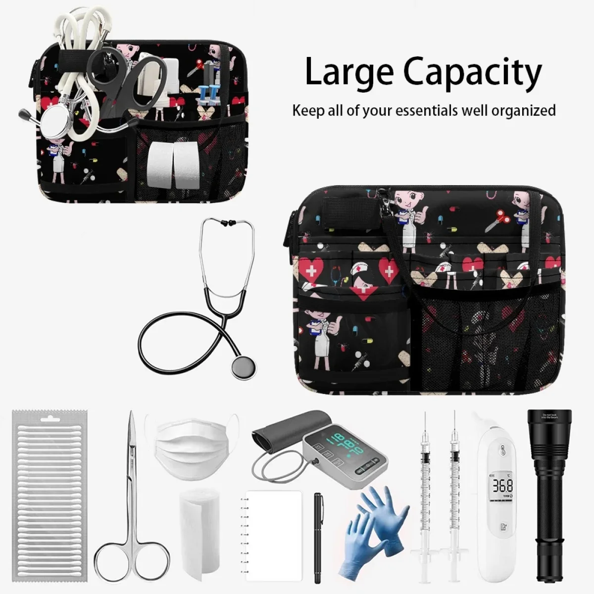 Cartoon Nurse Printing Belt Bag Adjustable Hospital Work Multi-pocket Medical Waist Bag Stethoscope Emergency Medicine Storage