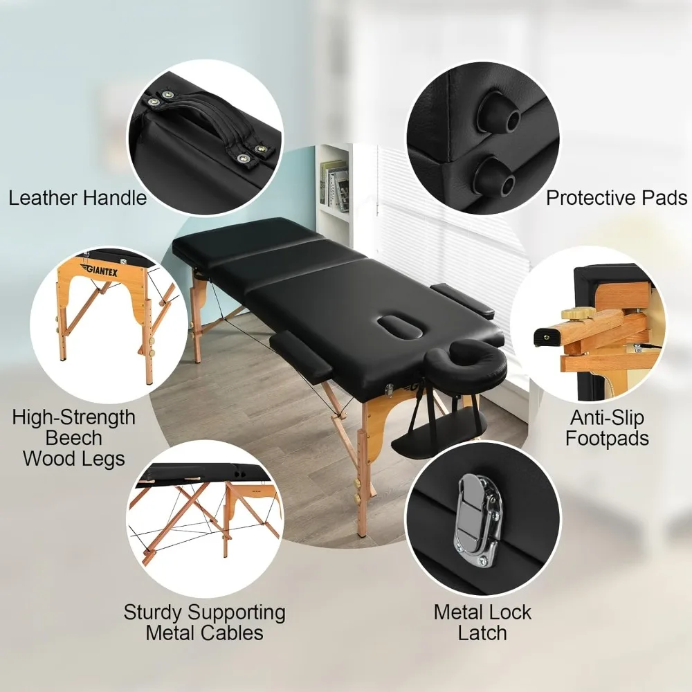 Giantex-Mesa de massagem dobrável, Lash Bed, portátil 3 seções, spa salão, tatuagem cama, com berço facial, braços, pernas de madeira, 84"