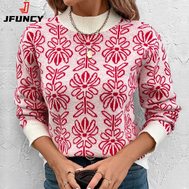 

2025 Female Winter Loose Casual Knitted Sweater Women Ptint Long Sleeve Pullover Autumn Lady Half High Collar Warm Jumper