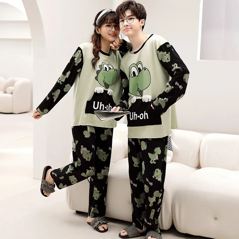 Autumn Cartoon Dinosaur  Women Men Pajama Set Couples Sleepwear Korean Loose Unisex Pijamas Mujer Long Sleeve Cotton Pyjama