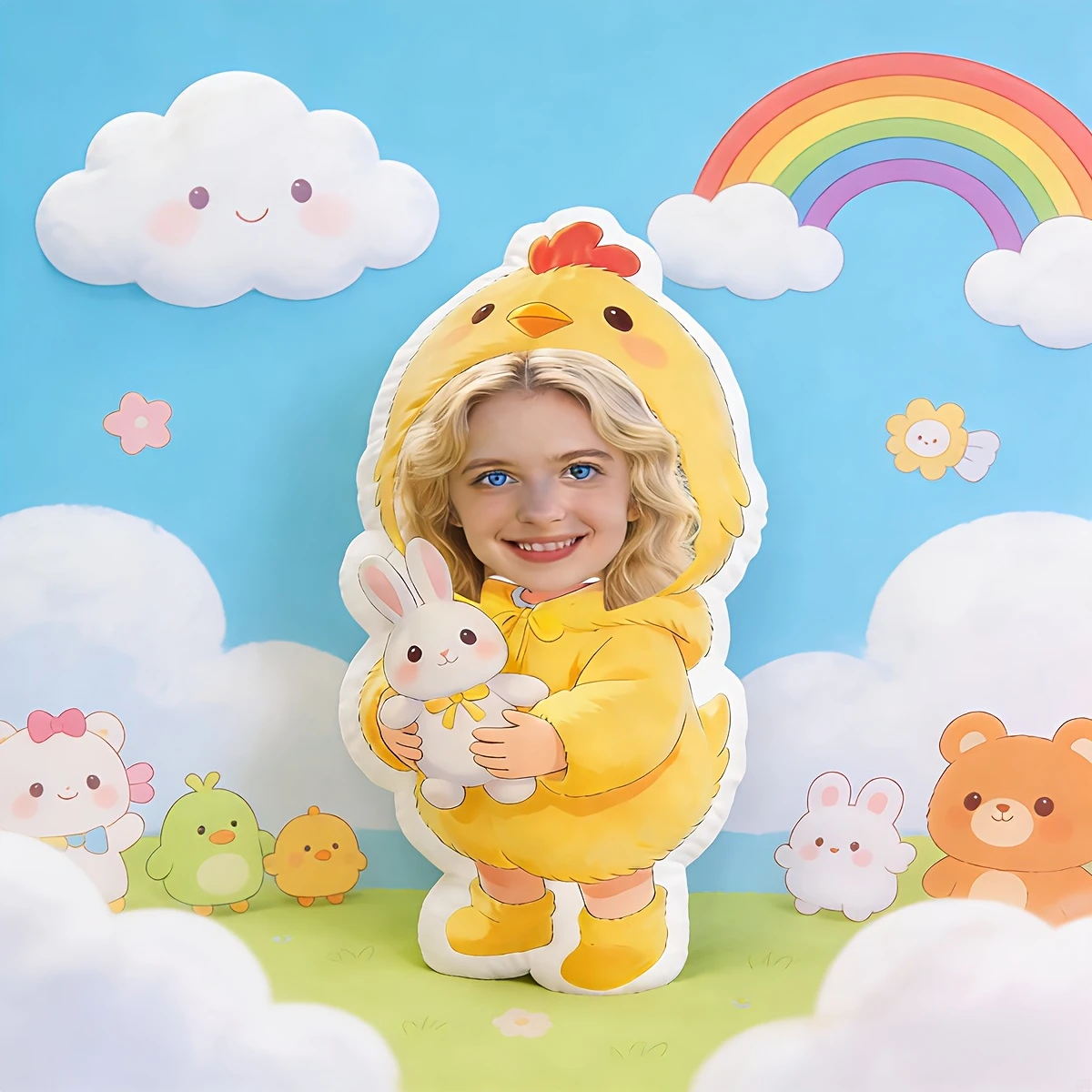 Customize a Personalized Pillow, Create a Pillow with Your Face. The Pillow Features a Cartoon Duck Holding a Rabbit Design, Mak