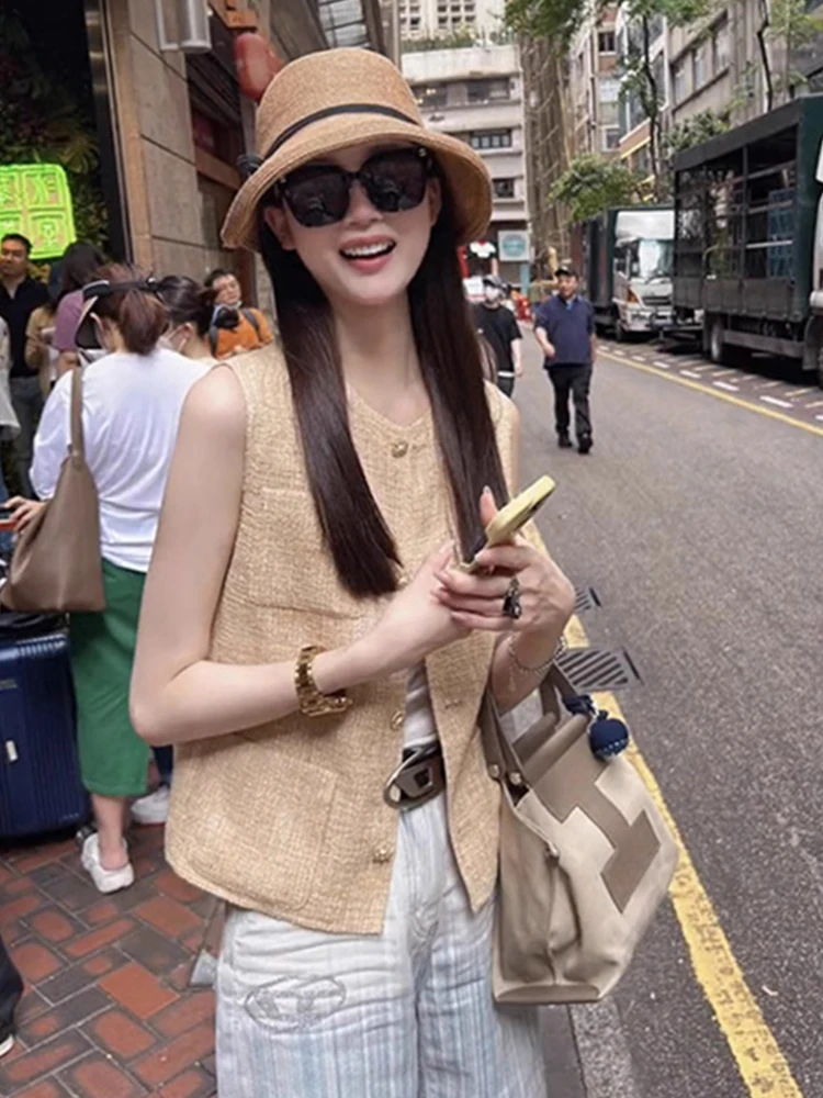 

Elegant Light Maturity Style Open Cardigan Vest Sleeveless Single Button Fashionable Unique Top Commute Style Korean Version