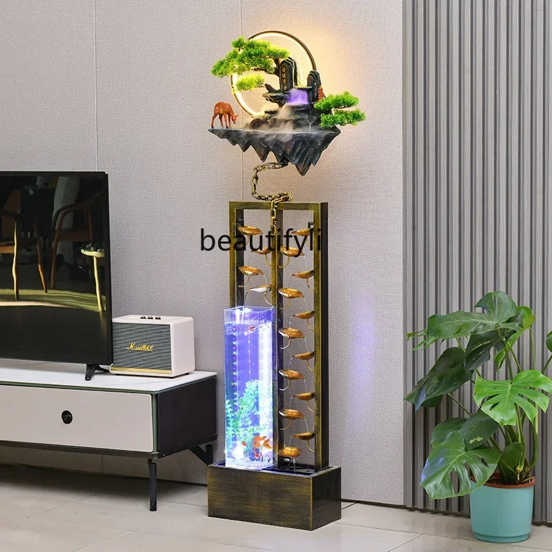 

Large feng shui wheel rockery fish tank floor-to-ceiling running water fountain living room office curtain circulation ornament