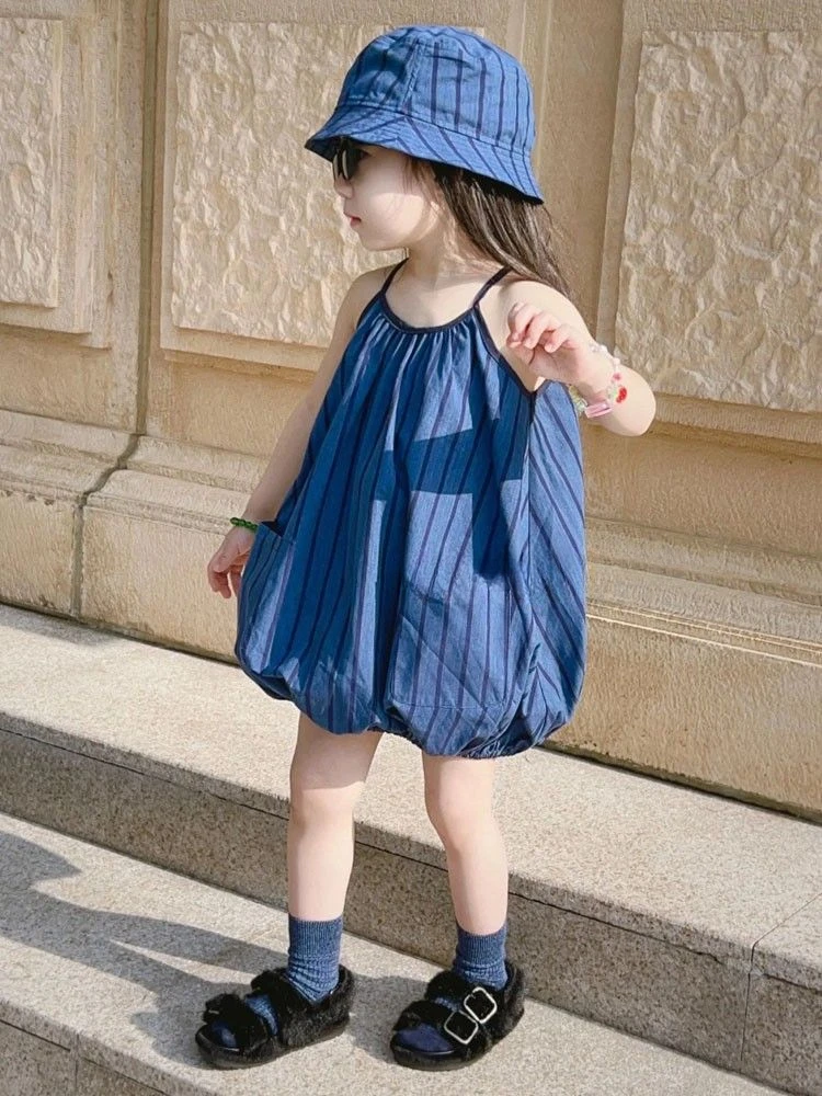 

Korean Style Children's Dress Girls Skirt Summer New Fashion Dress Sleeveless Suspender Striped Skirt Summer