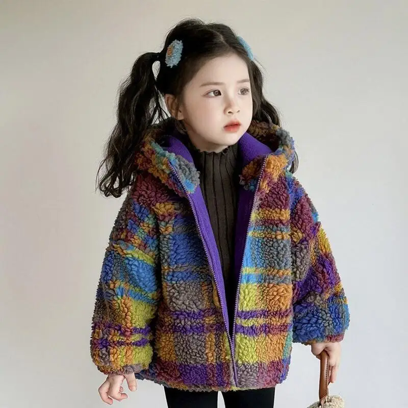 

Girl Winter Thicken Coat Autumn Stripe Hoodie Keep Warm Tops Zip-Up Jacket Child Versatile Kawaii Fashion New Casual Clothing