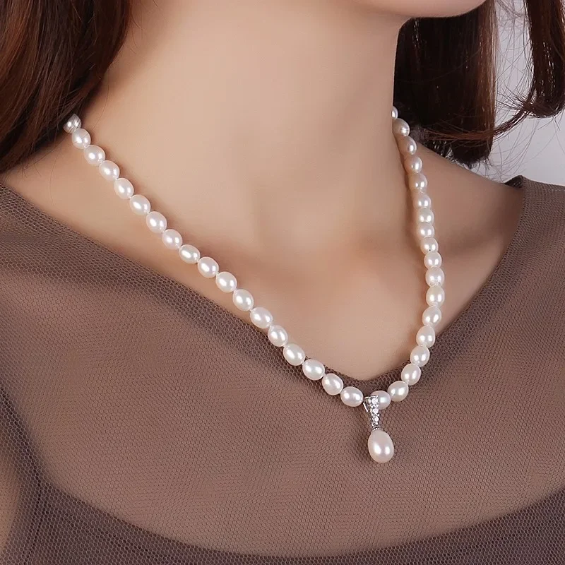 White Natural Freshwater Pearl Necklace,AAA Zircon Pendant With Love Extend Buckle,Women Jewelry Necklace,925 Silver Jewelry