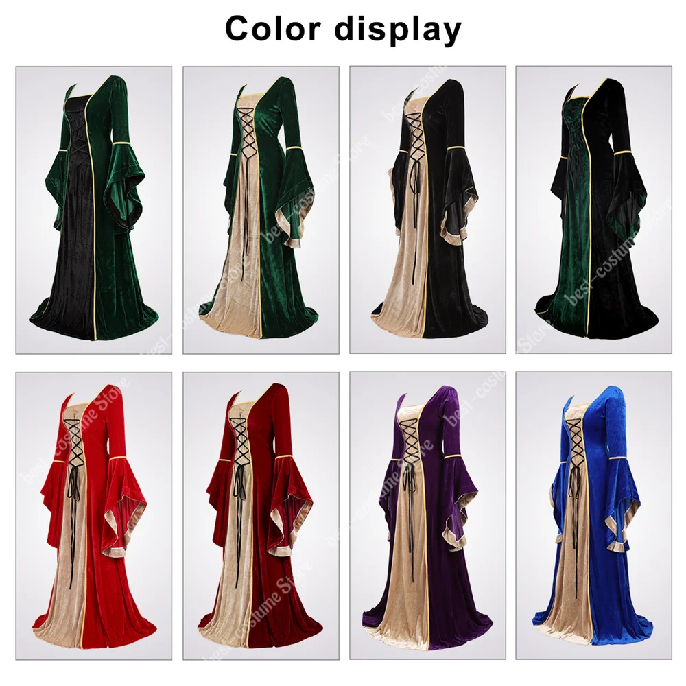 Women Medieval Renaissance Dress Cosplay Halloween Costumes Plus Size Elegant Velvet Dress Long Sleeves Green Victorian Gown