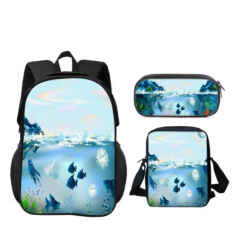 Underwater World 3pcs Set Backpack Pen Bag Shoulder Bag Durable Trendy, Versatile Cartoon School Boy and Girl Birthday Best Gift