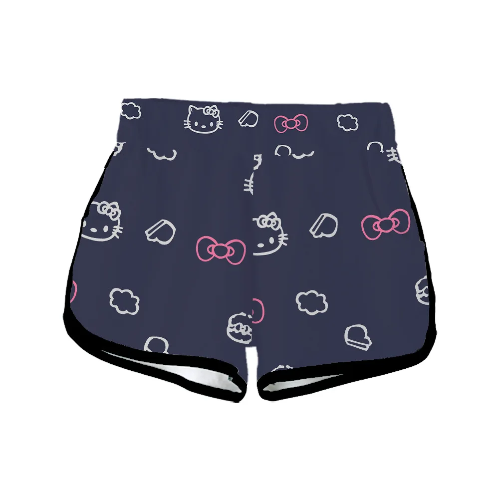 Sanrio กางเกงขาสั้นใส่อยู่บ้านสำหรับผู้หญิง, กางเกงขาสั้นพิมพ์ลายดิจิทัลเฮลโลคิตตี้สำหรับใส่ในฤดูร้อน
