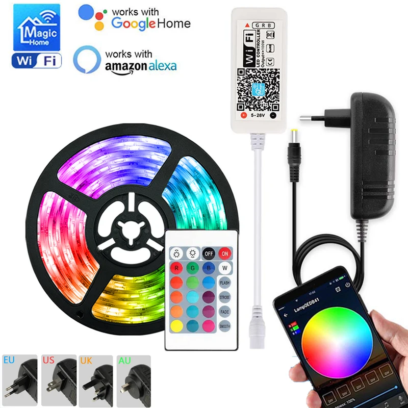 

DC12V Magic Home Wifi Led Strip Light 5050 5M 300LEDs RGB/RGBW/RGBWW Flexible Tape Lights 24Key Remote Control for Alexa Google