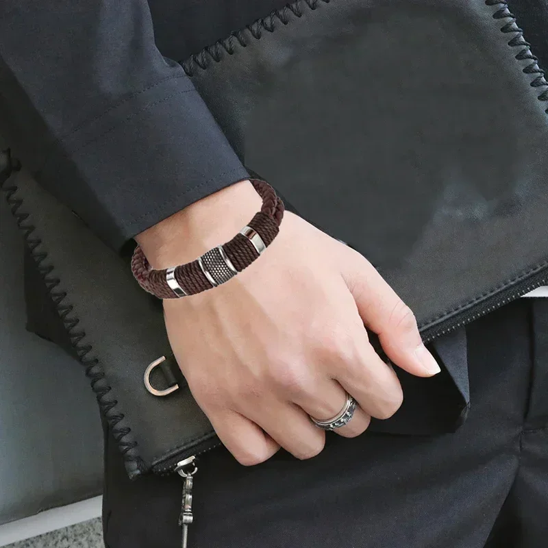 Luxury Vintage Multilayer Brown PU Leather Men Bracelet Bracelets Stainless Steel Jewelry Male Wrist Bangle Gift