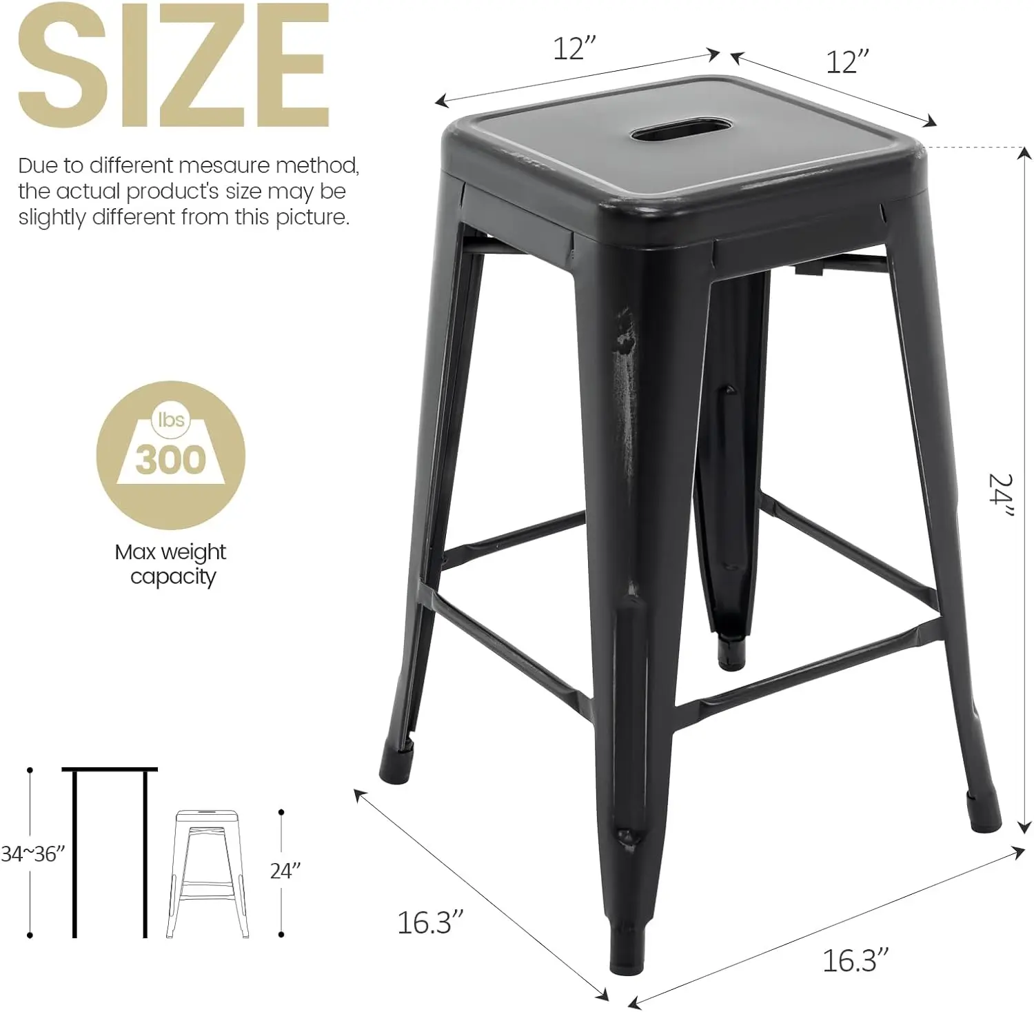 24 Inch Metal Bar Stools, Backless Counter Height Barstools, Indoor Outdoor Stackable Stools with Square