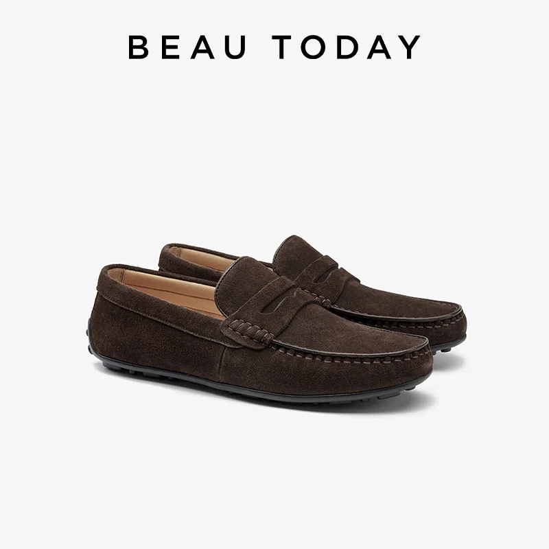 BEAUTODAY Penny Loafers Men Cow Suede Leather Round Toe Sewing Solid Color Slip-on Retro Male Shoes Handmade 50151