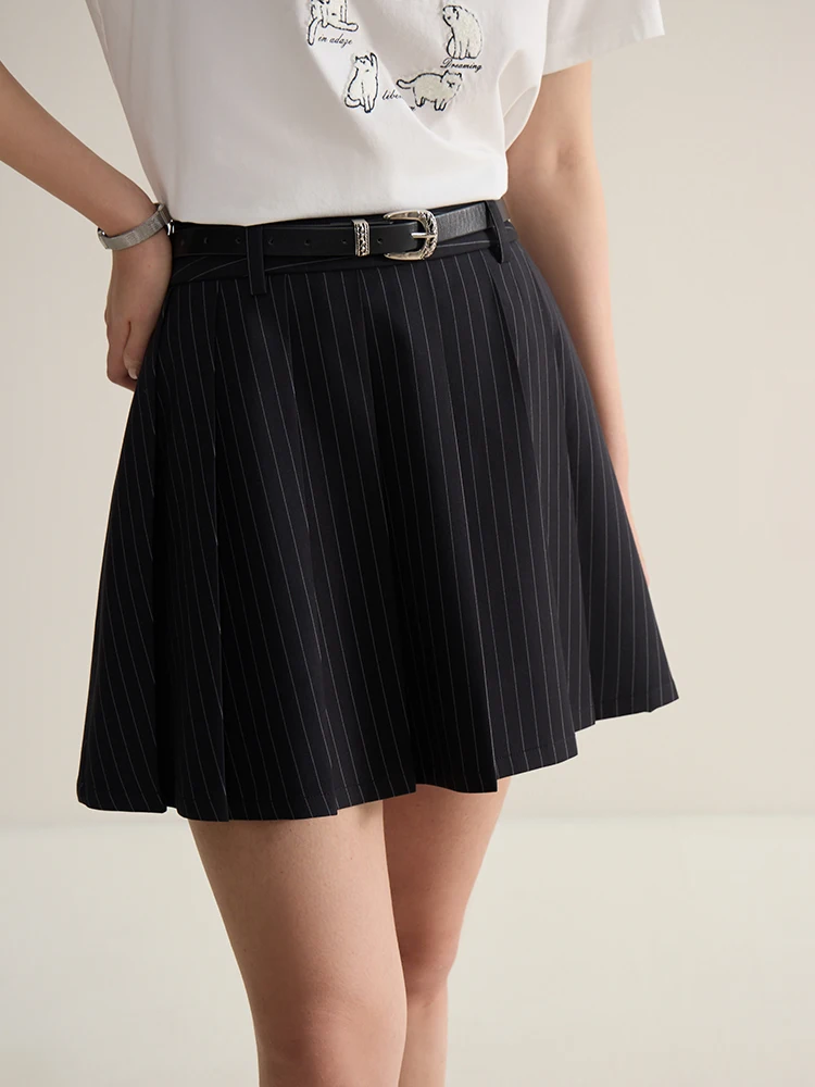 

DUSHU Black Stripe Women Mini Skirts 7.8% Wool Female Casual Pleated Short A-LINE Skirt Summer High Waist Lining Skirt 24DS82517