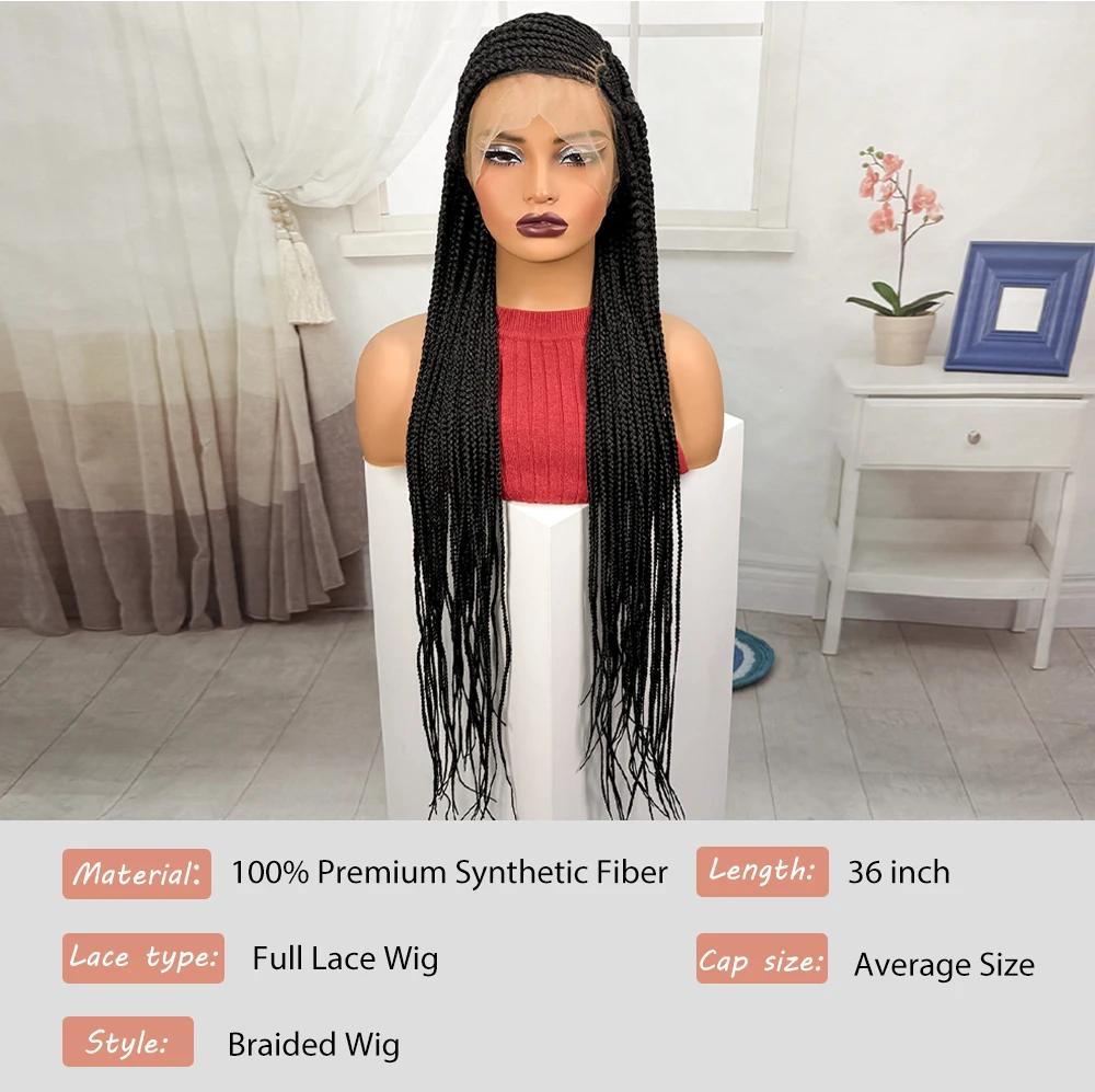 36inch Full Lace Natural Cornrow Braided Wigs Synthetic Braiding Hair Wigs Box Braided Lace Wigs with Baby Hair for Black Women