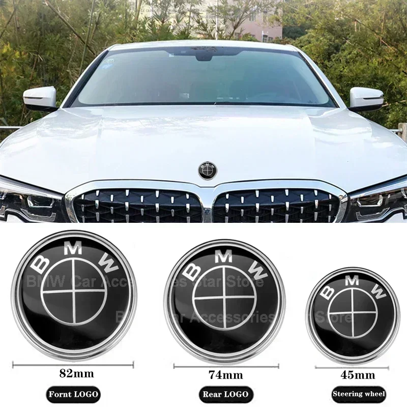 

3PCS Black 82mm Front/74mm Rear 45mm Steering Wheel Hood Trunk Emblem Logo For BMW F30 F32 F34 F20 F10 F15 F16 E39 E46 E60 E90