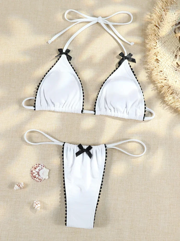 

Micro Bowknot Bikinis Set for Women Patchwork Swimsuit Summer Beach Wear White Thong Swimwear Swimming Bathing Suit 2024